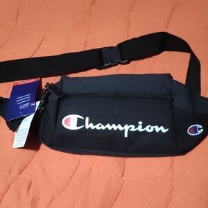 Champion Black Waist Bag with White Logo and Red Accent